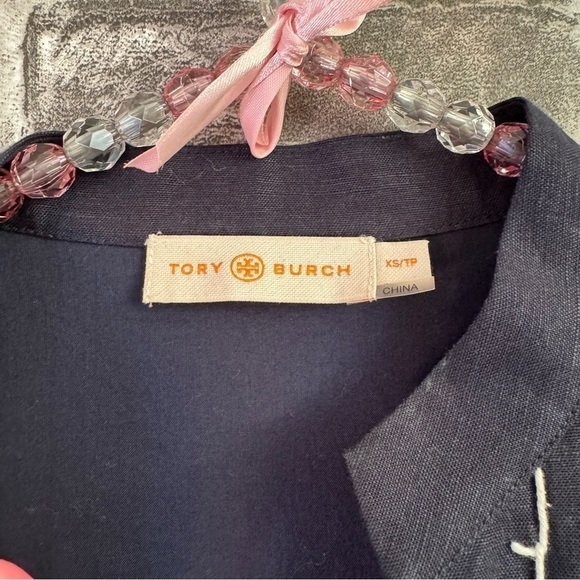 Tory Burch Embroidered Beach Dress with Pockets Navy Blue White Floral Linen - Picture 4 of 8